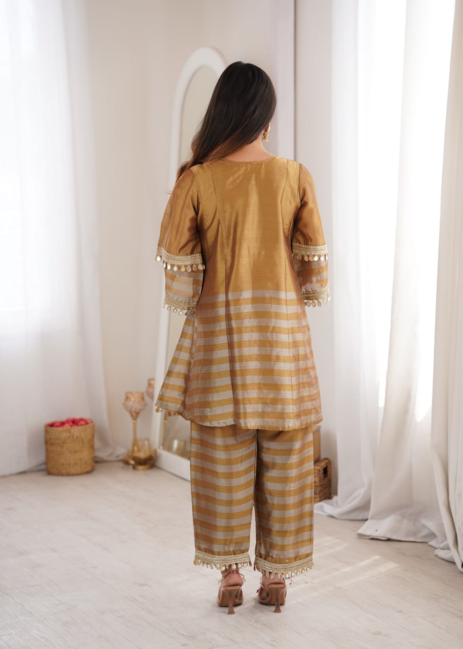 Luxury Metallic Gold Crape Silk Kurta Set with Mirror Work Neckline and Striped Pants