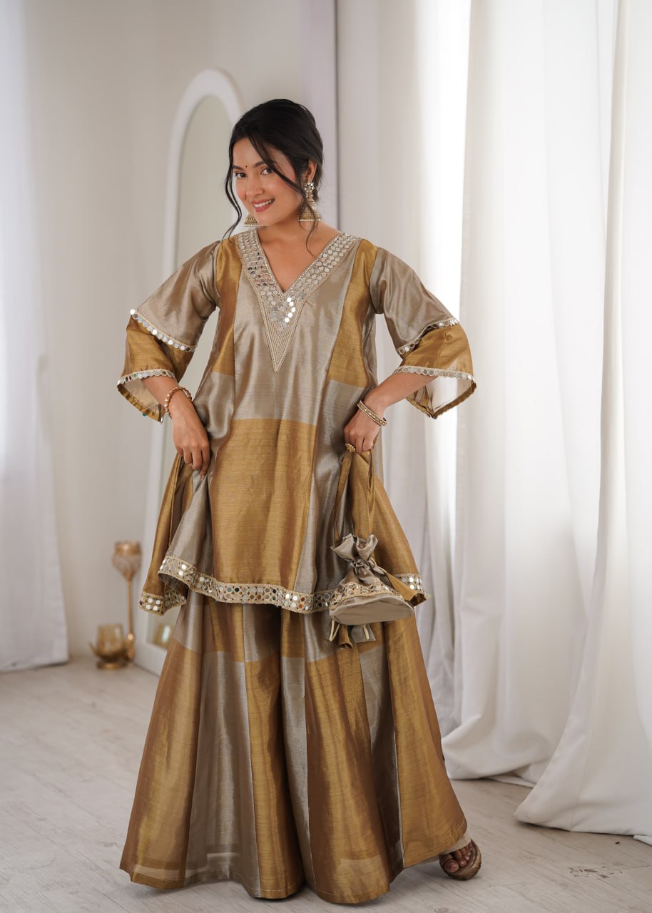 Luxury Metallic Gold and Silver Crape Silk Sharara Set with Mirror Work Neckline