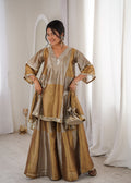 Luxury Metallic Gold and Silver Crape Silk Sharara Set with Mirror Work Neckline
