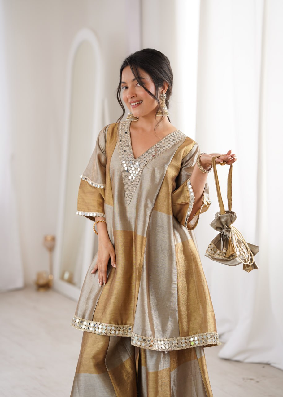 Luxury Metallic Gold and Silver Crape Silk Sharara Set with Mirror Work Neckline