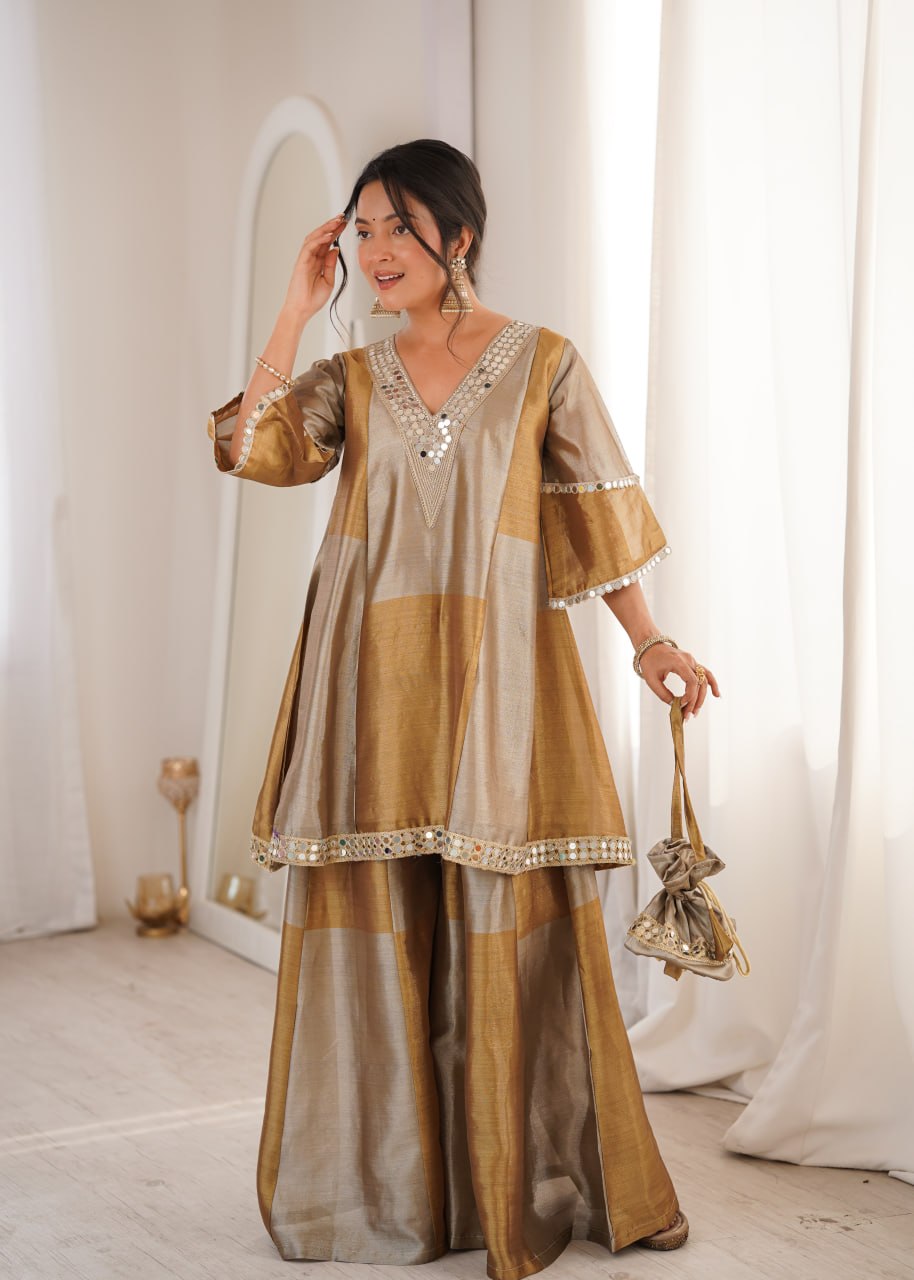 Luxury Metallic Gold and Silver Crape Silk Sharara Set with Mirror Work Neckline