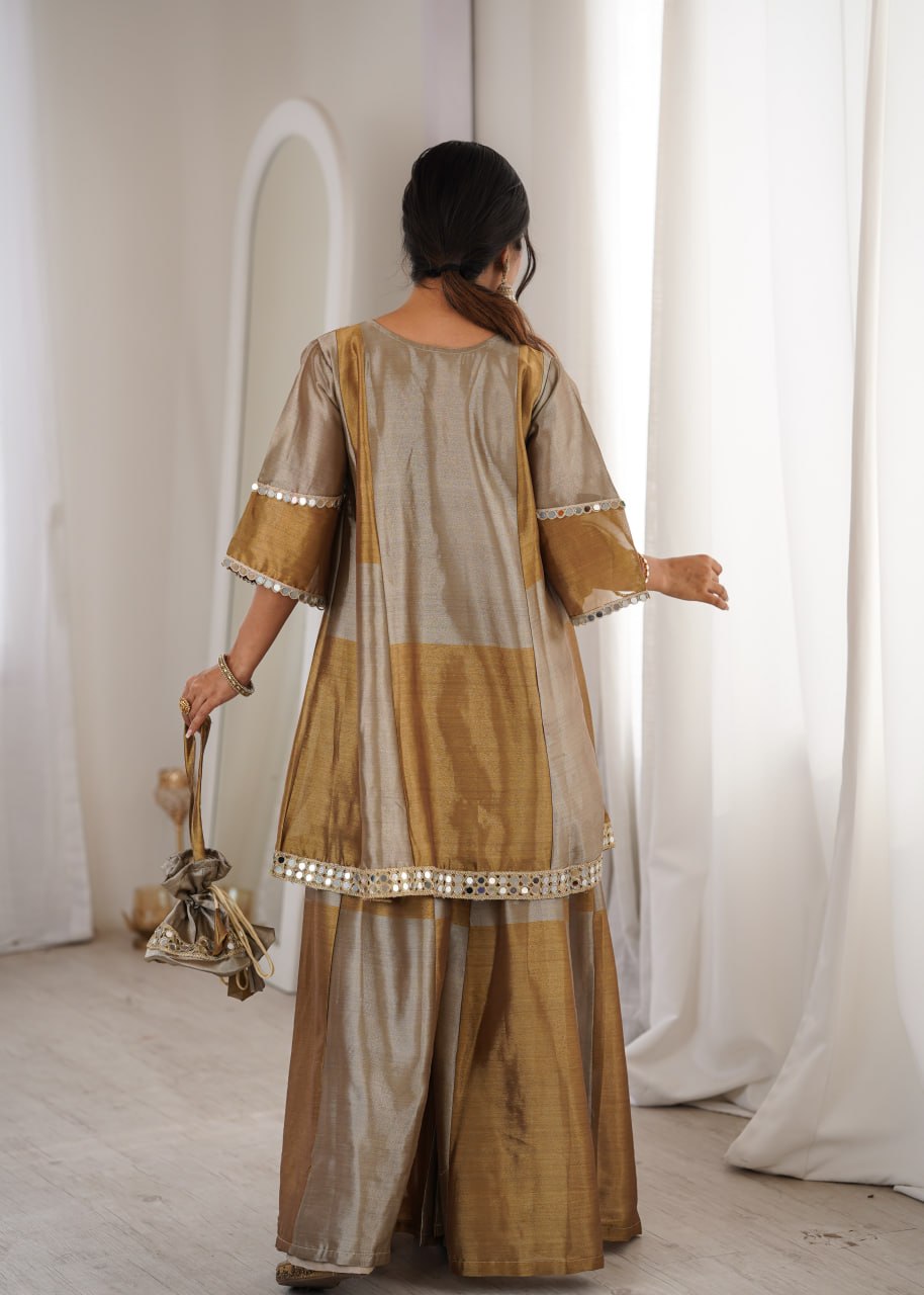 Luxury Metallic Gold and Silver Crape Silk Sharara Set with Mirror Work Neckline