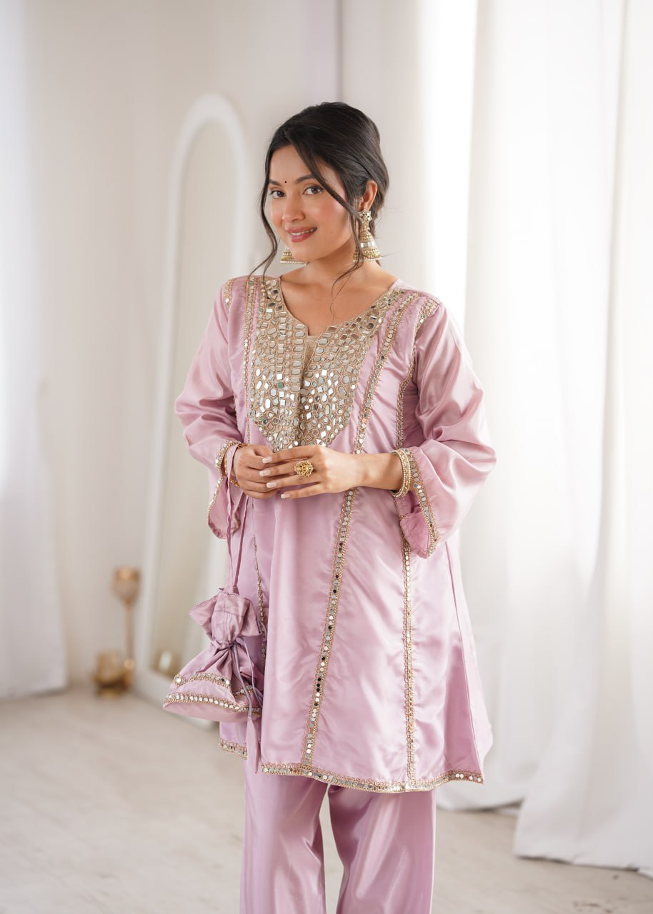 Luxury Lilac Crape Silk Kurta Set with Intricate Mirror Work and Slouchy Salwar Pants