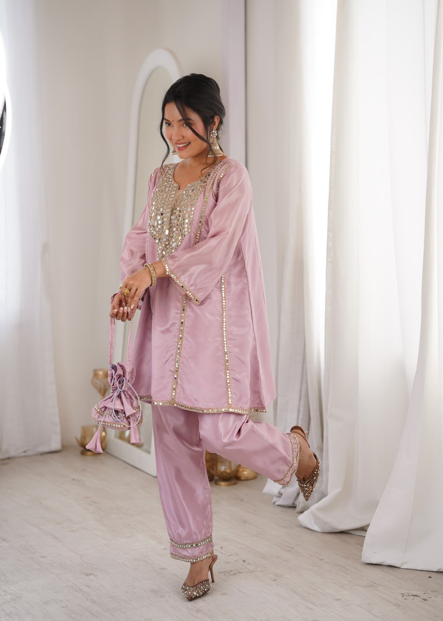 Luxury Lilac Crape Silk Kurta Set with Intricate Mirror Work and Slouchy Salwar Pants