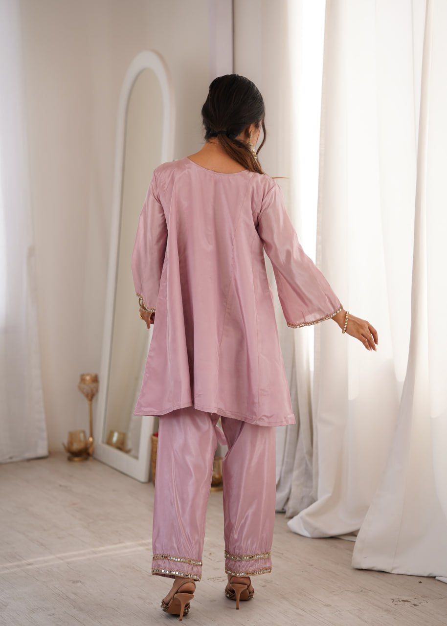 Luxury Lilac Crape Silk Kurta Set with Intricate Mirror Work and Slouchy Salwar Pants