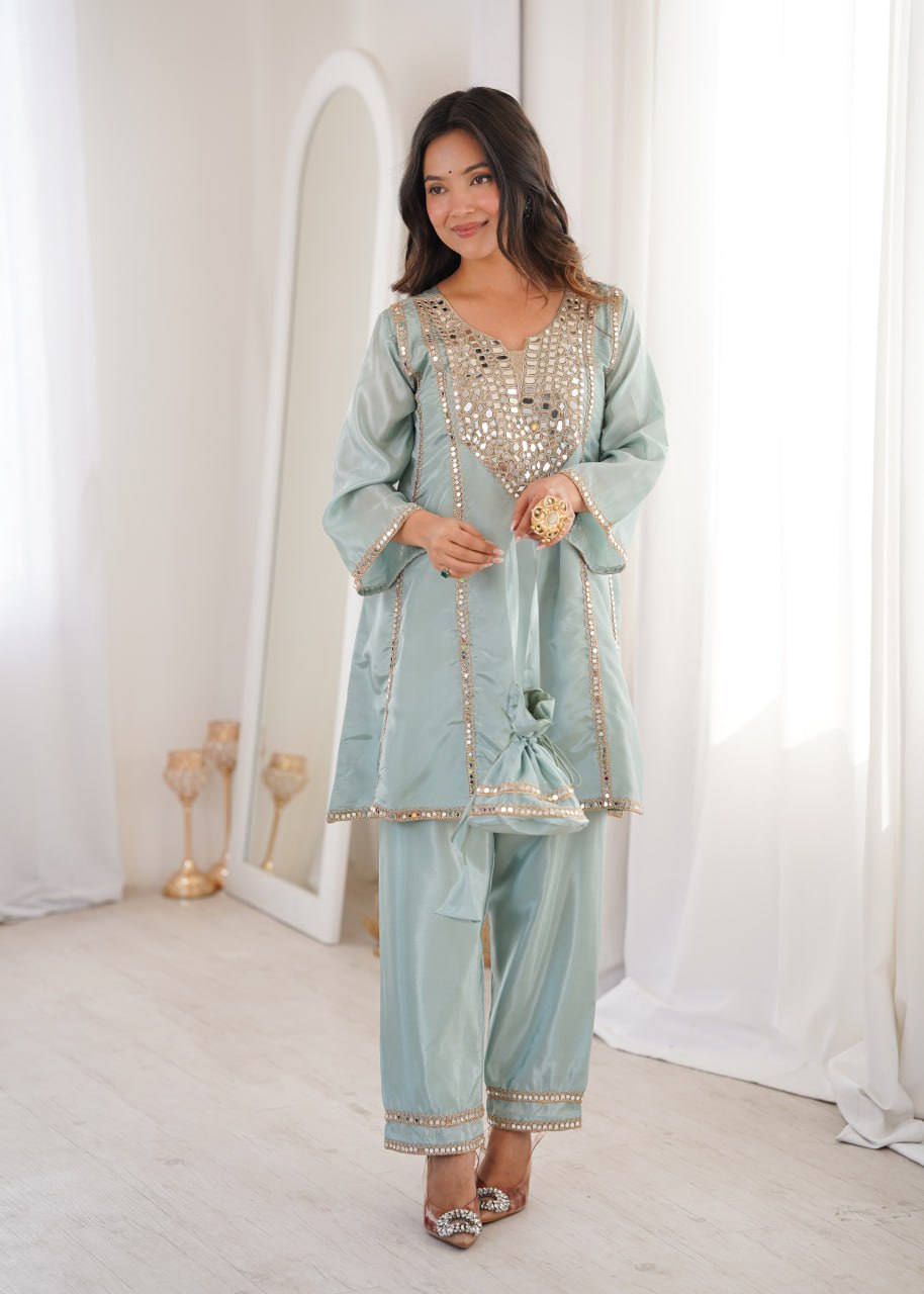 Luxury Sea Green Crape Silk Kurta Set with Heavy Mirror Work and Relaxed Salwar Trousers