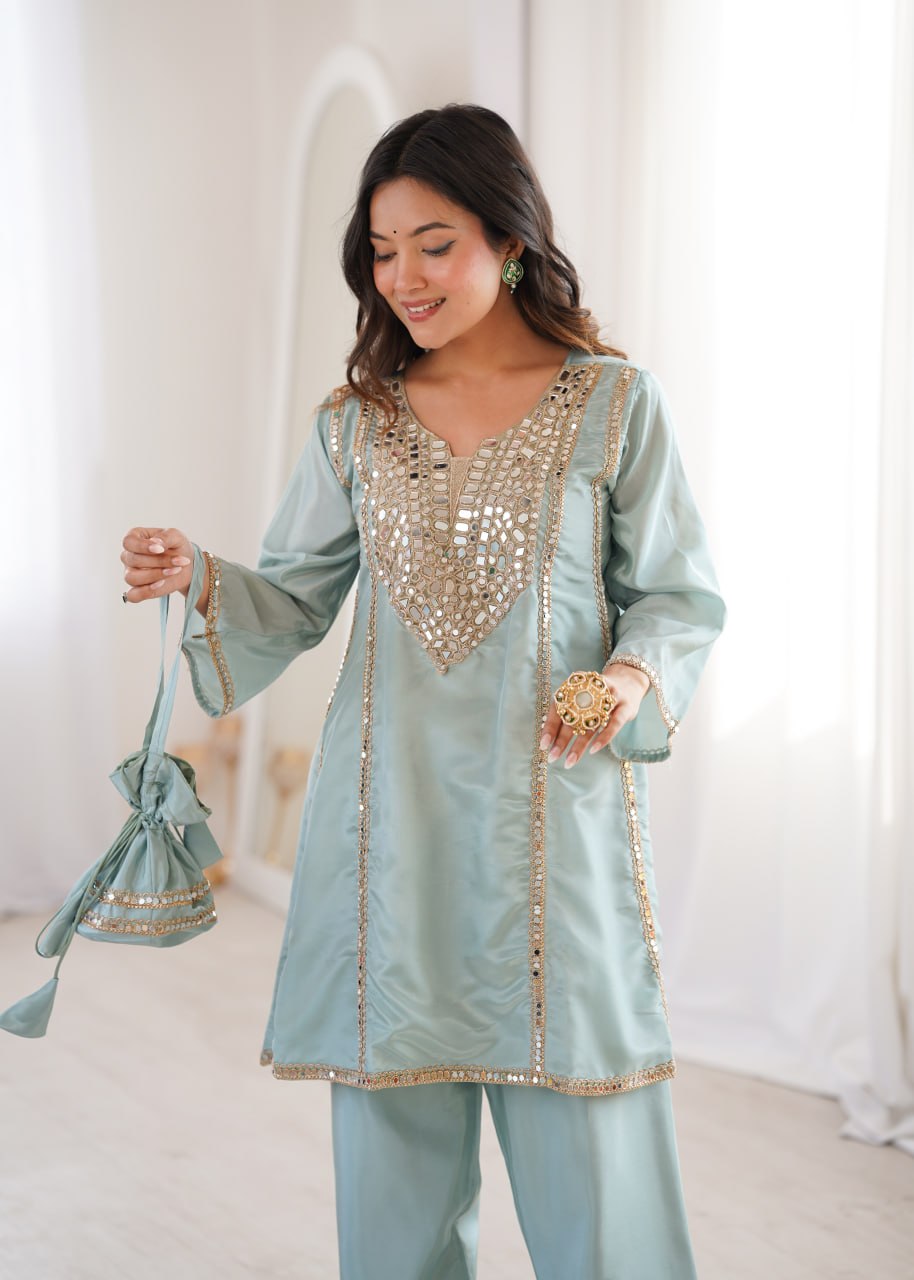 Luxury Sea Green Crape Silk Kurta Set with Heavy Mirror Work and Relaxed Salwar Trousers