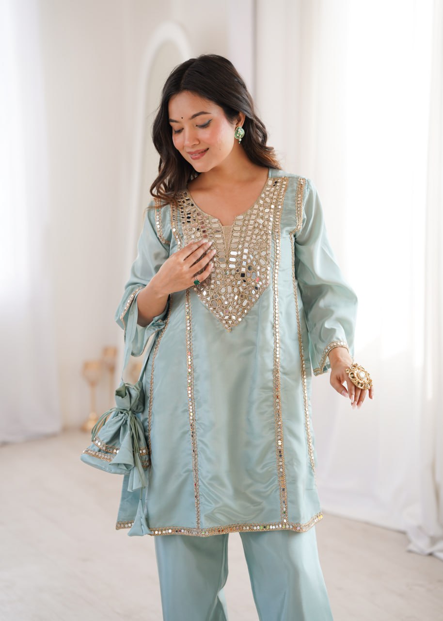 Luxury Sea Green Crape Silk Kurta Set with Heavy Mirror Work and Relaxed Salwar Trousers