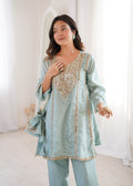 Luxury Sea Green Crape Silk Kurta Set with Heavy Mirror Work and Relaxed Salwar Trousers