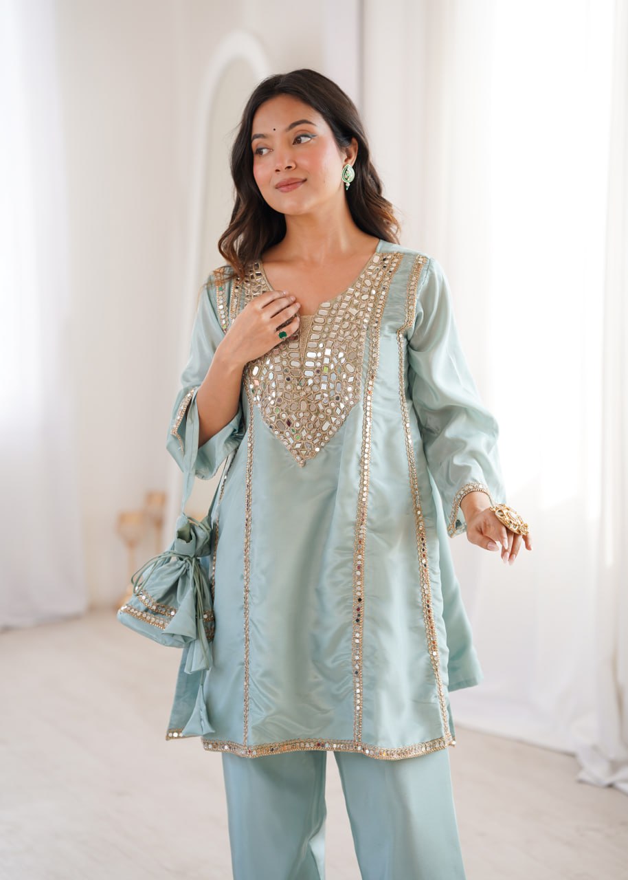 Luxury Sea Green Crape Silk Kurta Set with Heavy Mirror Work and Relaxed Salwar Trousers