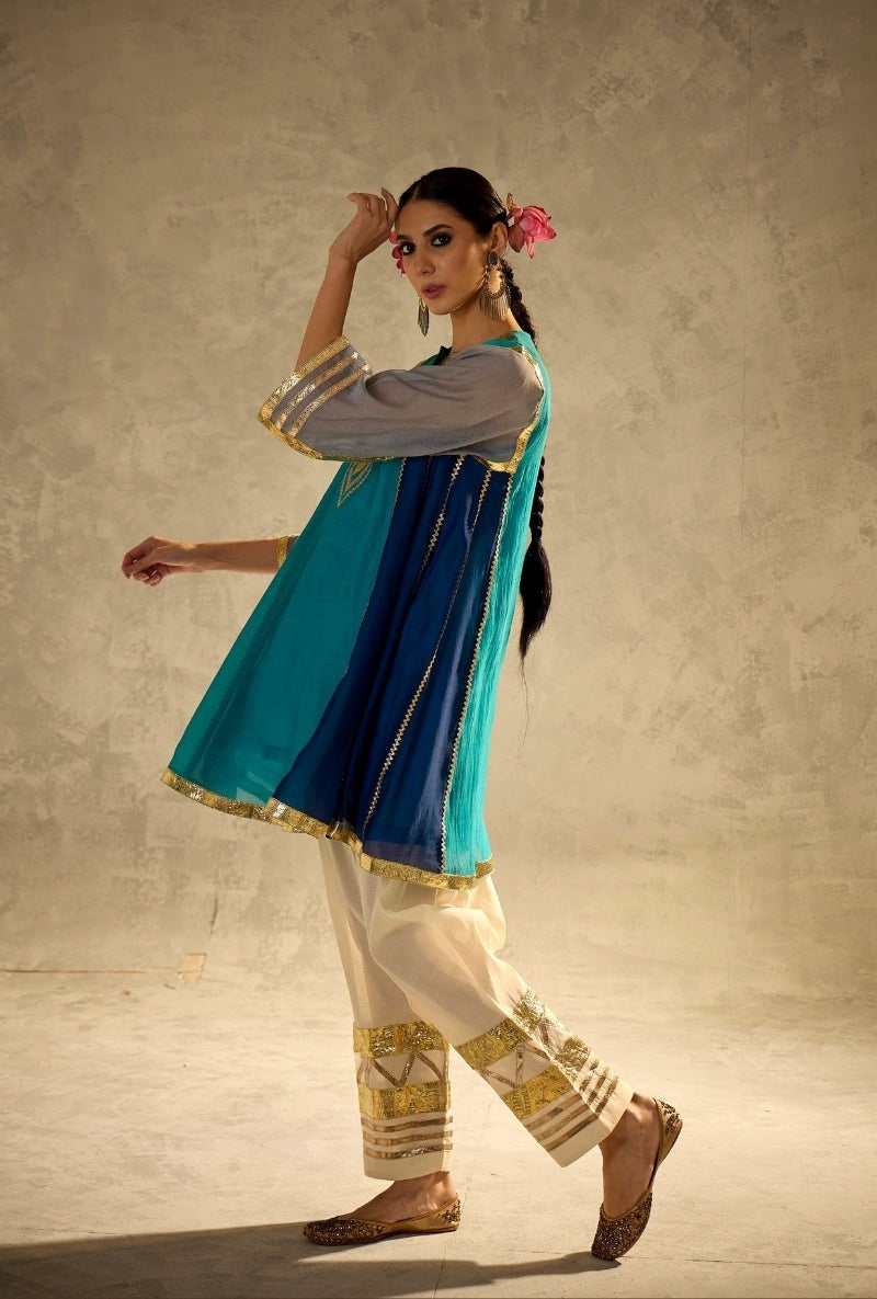 Turquoise & Royal Blue Crape Silk Panel Kurta Set with Gota Work Salwar Pants