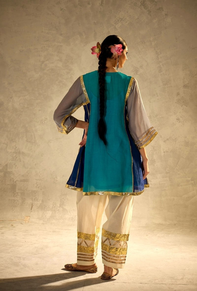 Turquoise & Royal Blue Crape Silk Panel Kurta Set with Gota Work Salwar Pants