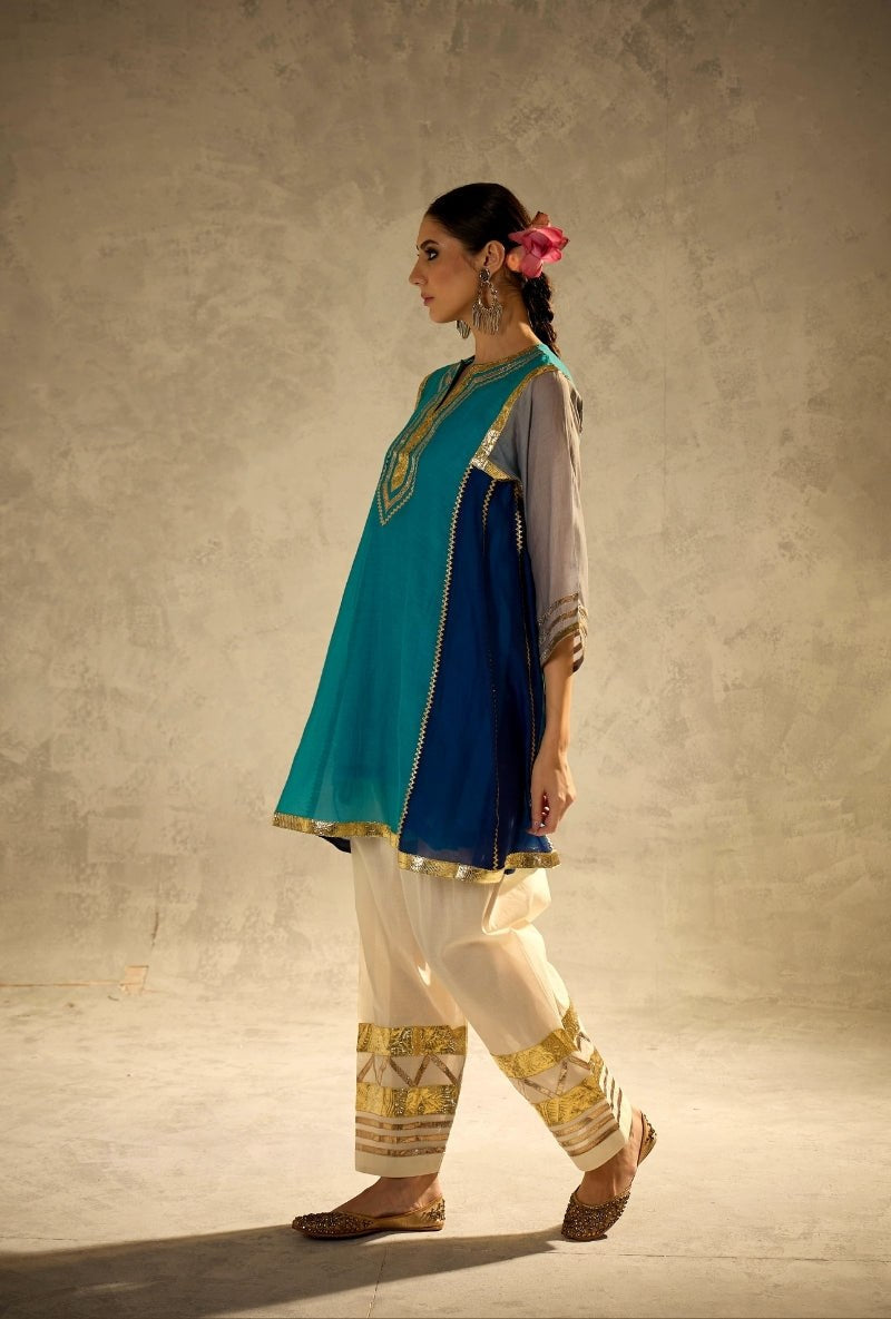 Turquoise & Royal Blue Crape Silk Panel Kurta Set with Gota Work Salwar Pants