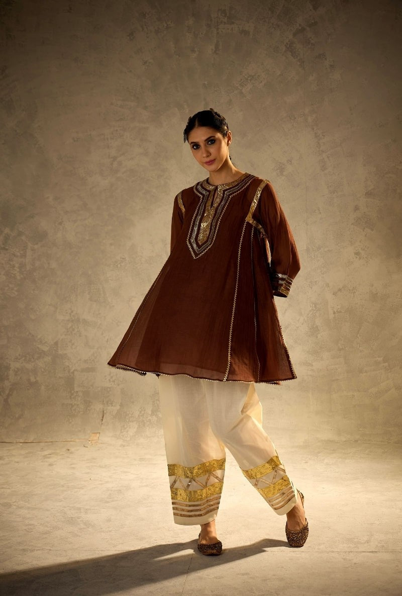 Chocolate Brown Crape Silk Flared Tunic with Gota Patti Work & Embroidered Salwar