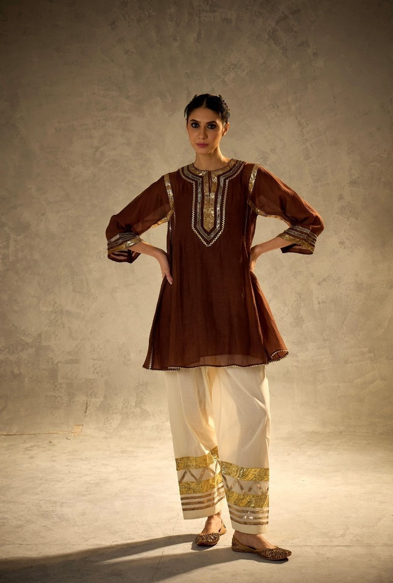Chocolate Brown Crape Silk Flared Tunic with Gota Patti Work & Embroidered Salwar