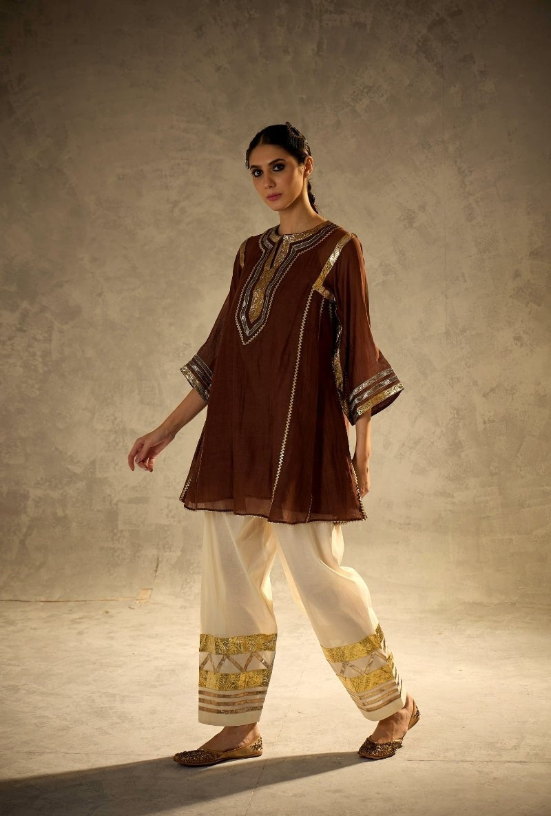 Chocolate Brown Crape Silk Flared Tunic with Gota Patti Work & Embroidered Salwar