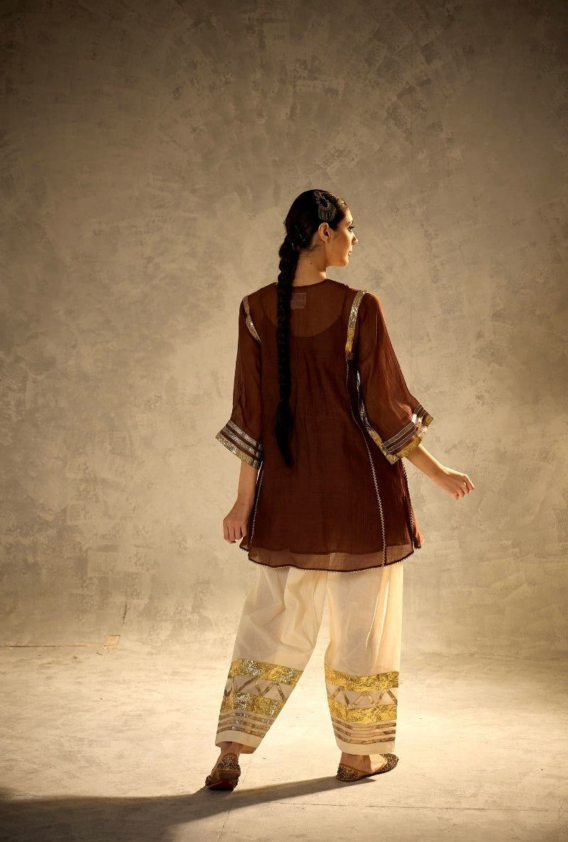 Chocolate Brown Crape Silk Flared Tunic with Gota Patti Work & Embroidered Salwar