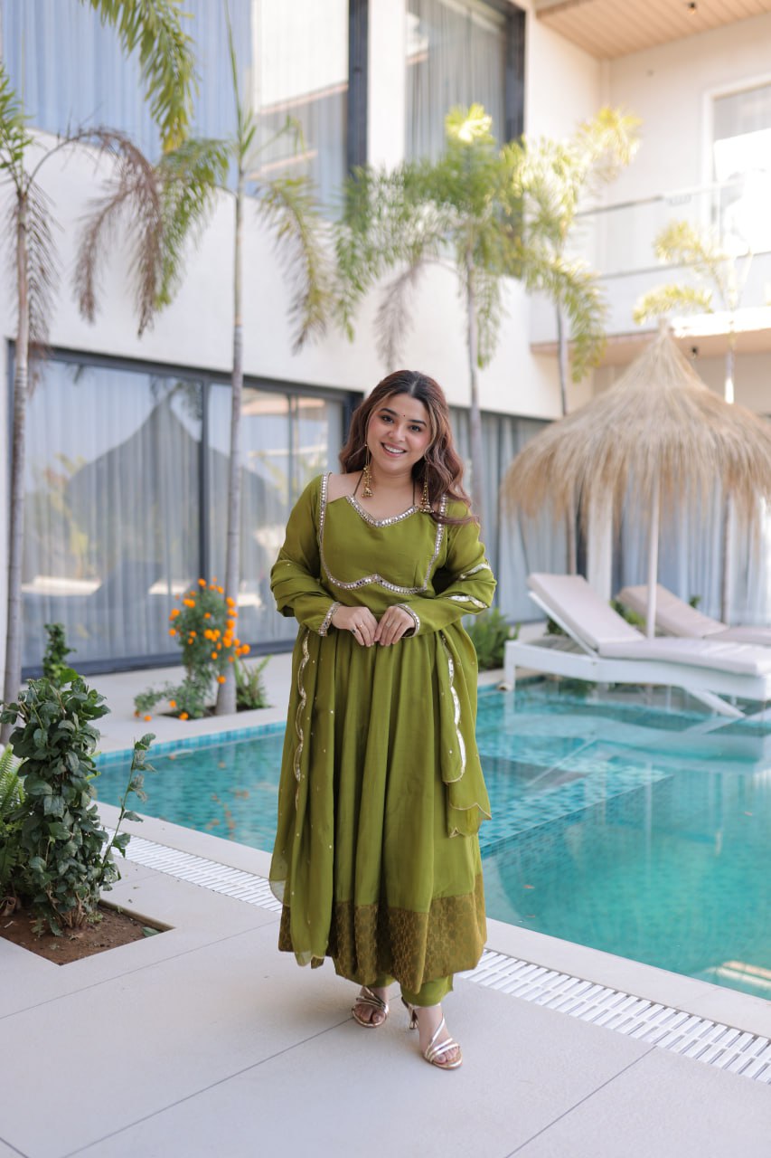 Luxury Olive Green Crape Silk Anarkali Gown Set with Mirror Work and Scalloped Dupatta