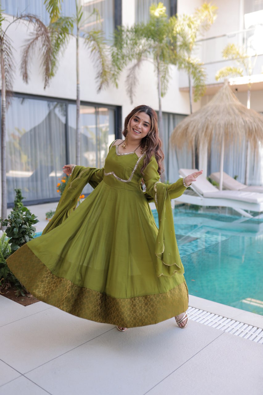 Luxury Olive Green Crape Silk Anarkali Gown Set with Mirror Work and Scalloped Dupatta