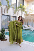 Luxury Olive Green Crape Silk Anarkali Gown Set with Mirror Work and Scalloped Dupatta