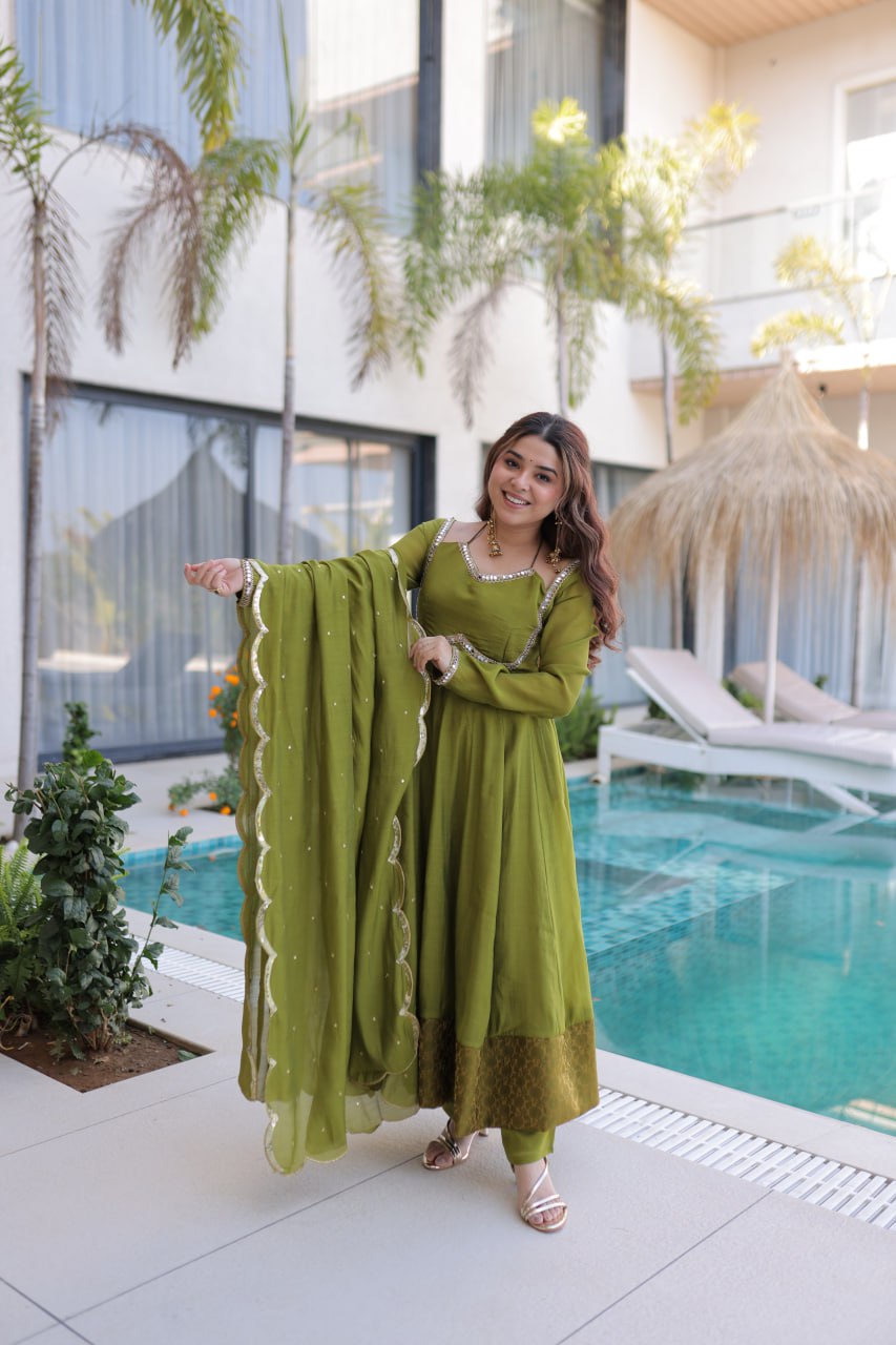 Luxury Olive Green Crape Silk Anarkali Gown Set with Mirror Work and Scalloped Dupatta