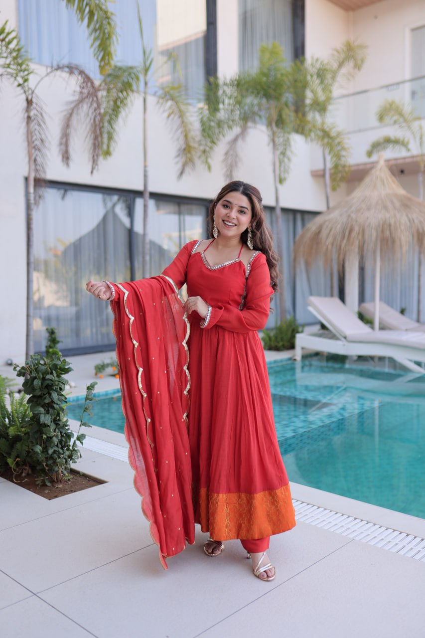 Luxury Scarlet Red Crape Silk Anarkali Set with Mirror Work and Scalloped Dupatta