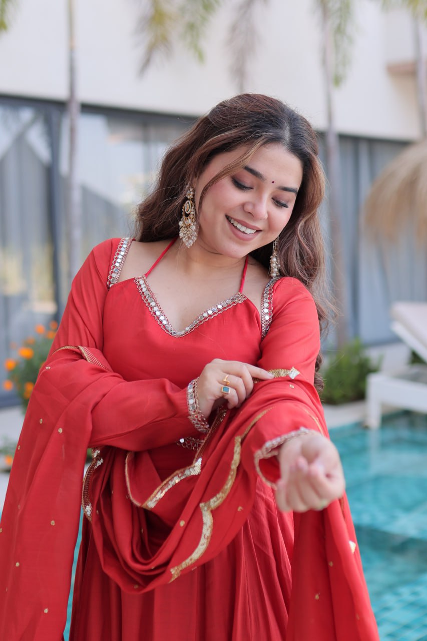 Luxury Scarlet Red Crape Silk Anarkali Set with Mirror Work and Scalloped Dupatta