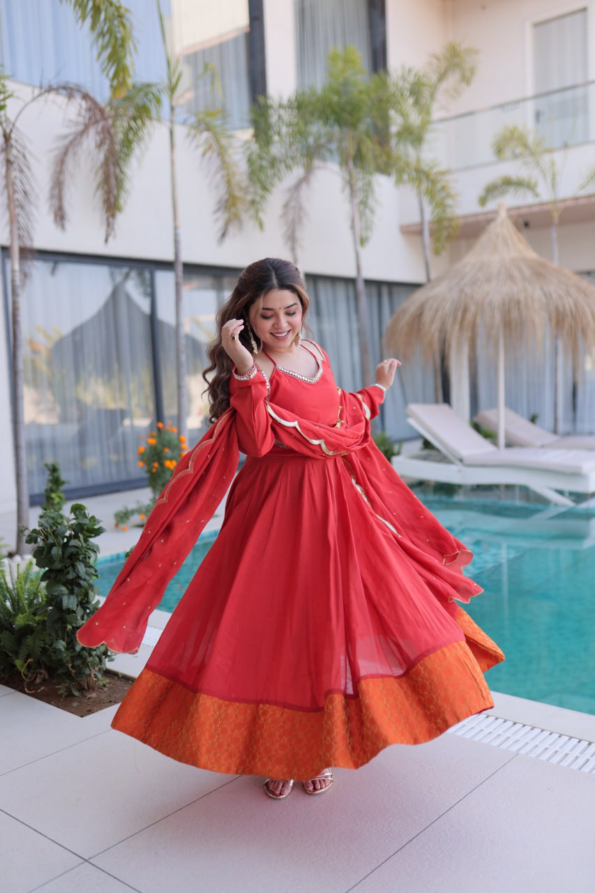 Luxury Scarlet Red Crape Silk Anarkali Set with Mirror Work and Scalloped Dupatta