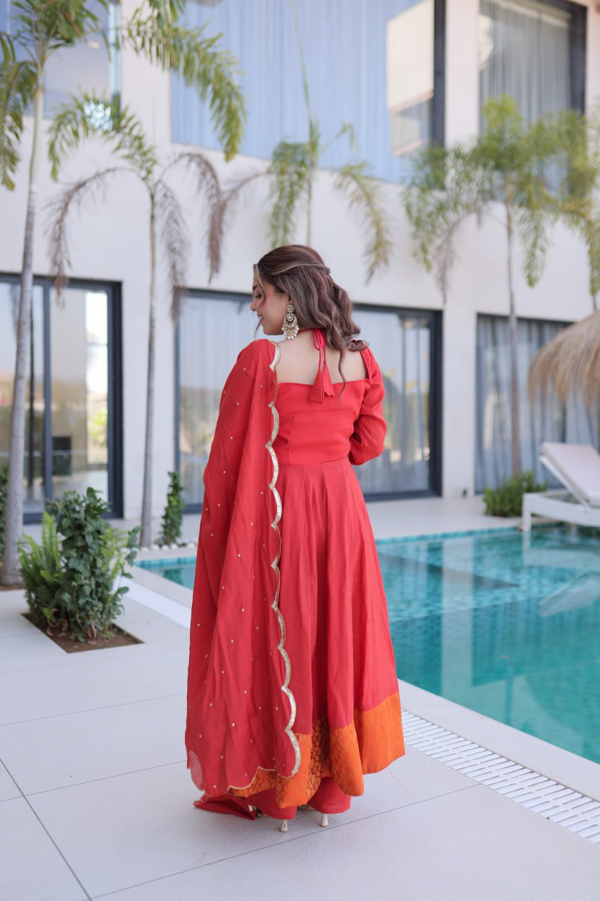 Luxury Scarlet Red Crape Silk Anarkali Set with Mirror Work and Scalloped Dupatta