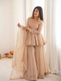 Luxury Champagne Beige Crape Silk Peplum Kurti and Flared Sharara Set with Embroidered Dupatta