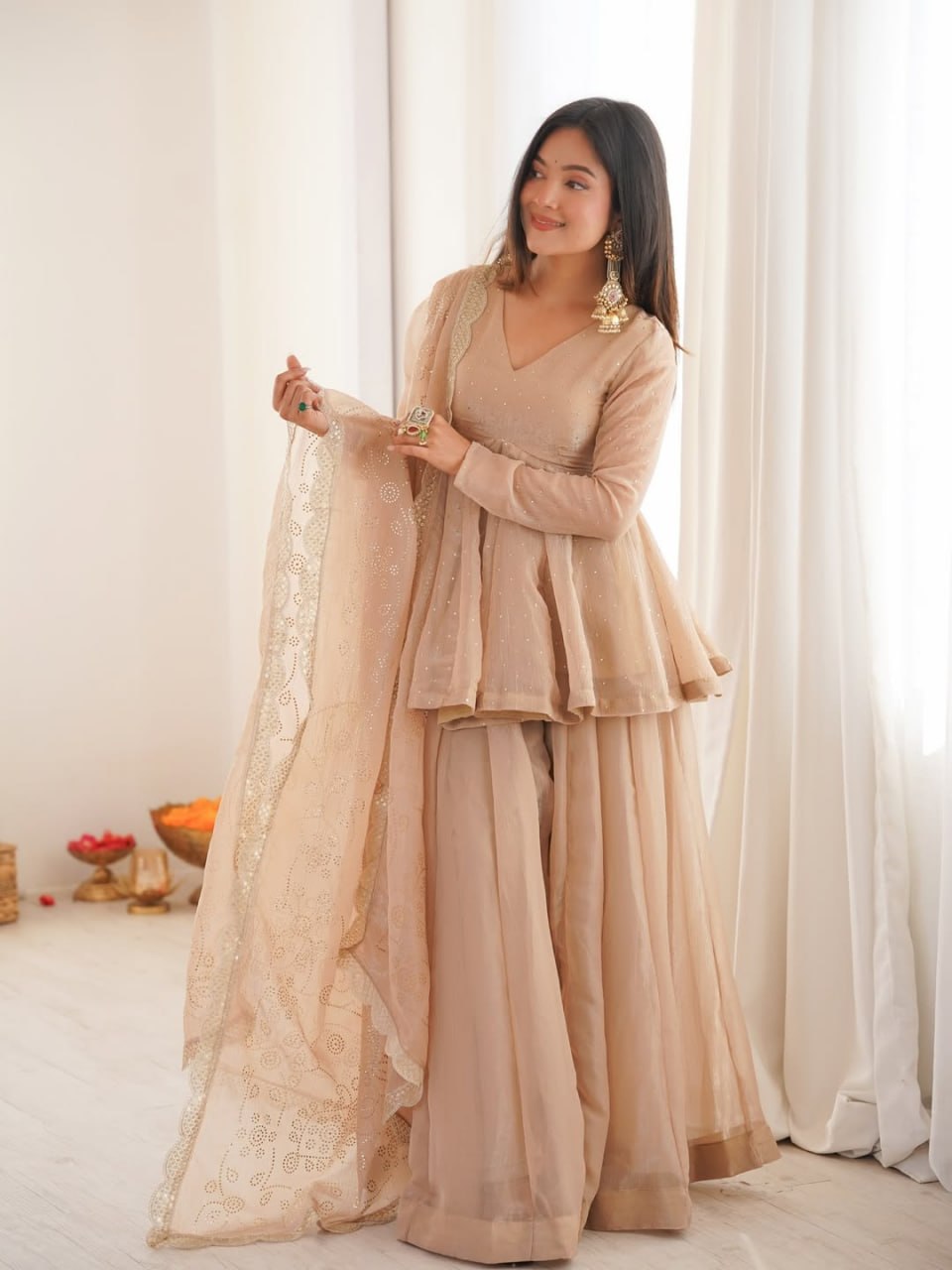 Luxury Champagne Beige Crape Silk Peplum Kurti and Flared Sharara Set with Embroidered Dupatta