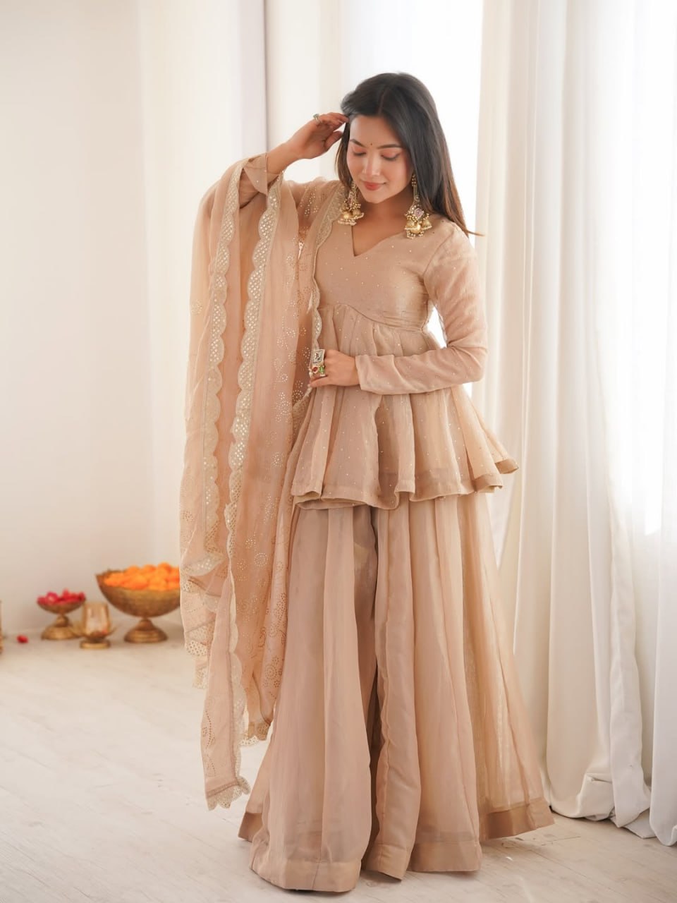 Luxury Champagne Beige Crape Silk Peplum Kurti and Flared Sharara Set with Embroidered Dupatta