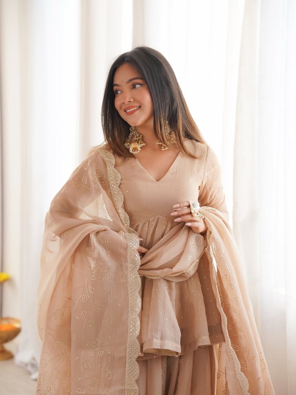 Luxury Champagne Beige Crape Silk Peplum Kurti and Flared Sharara Set with Embroidered Dupatta