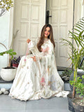 Luxury Ivory Crape Silk Anarkali Lehnga Set with Sheer Floral Dupatta and Potli