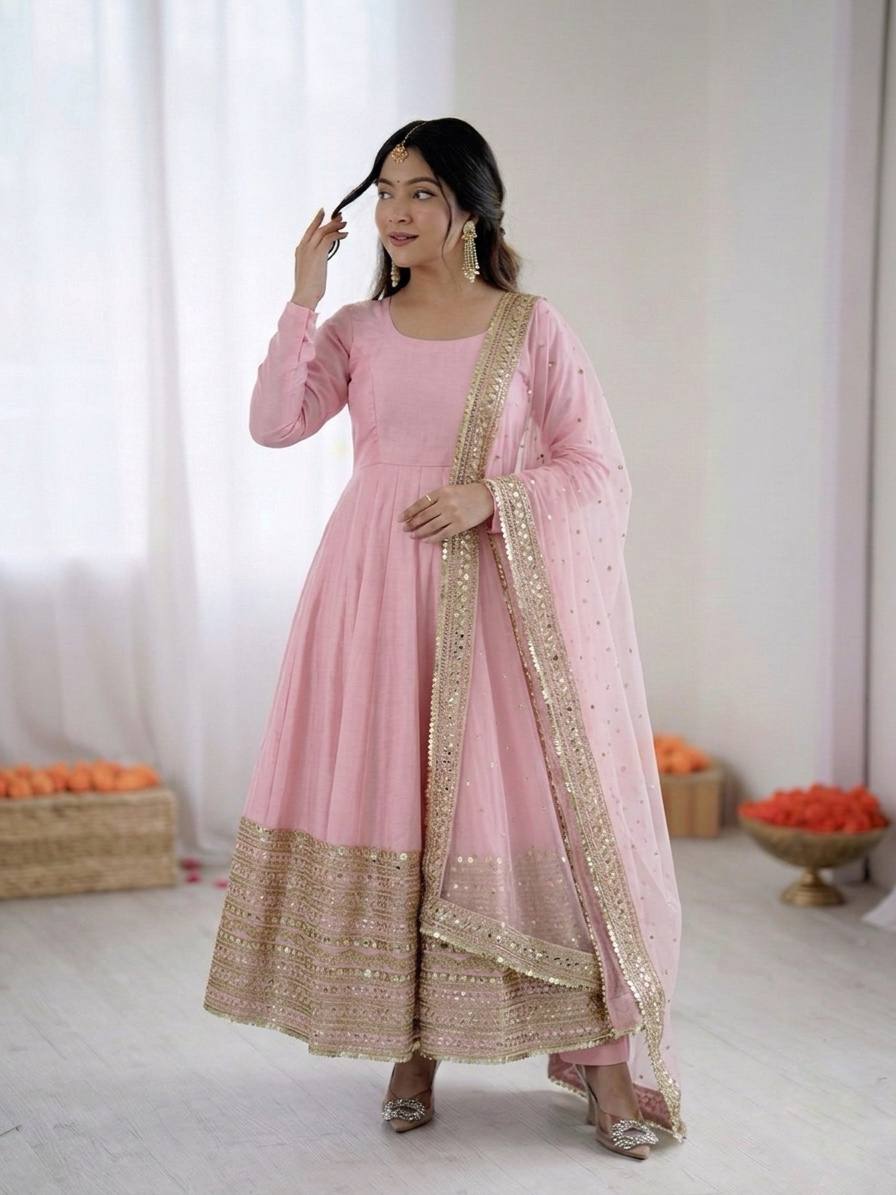 Blossom Pink Crape Silk Anarkali Set with Heavy Gota Patti Border