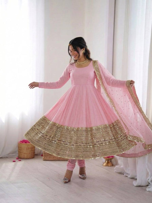 Blossom Pink Crape Silk Anarkali Set with Heavy Gota Patti Border
