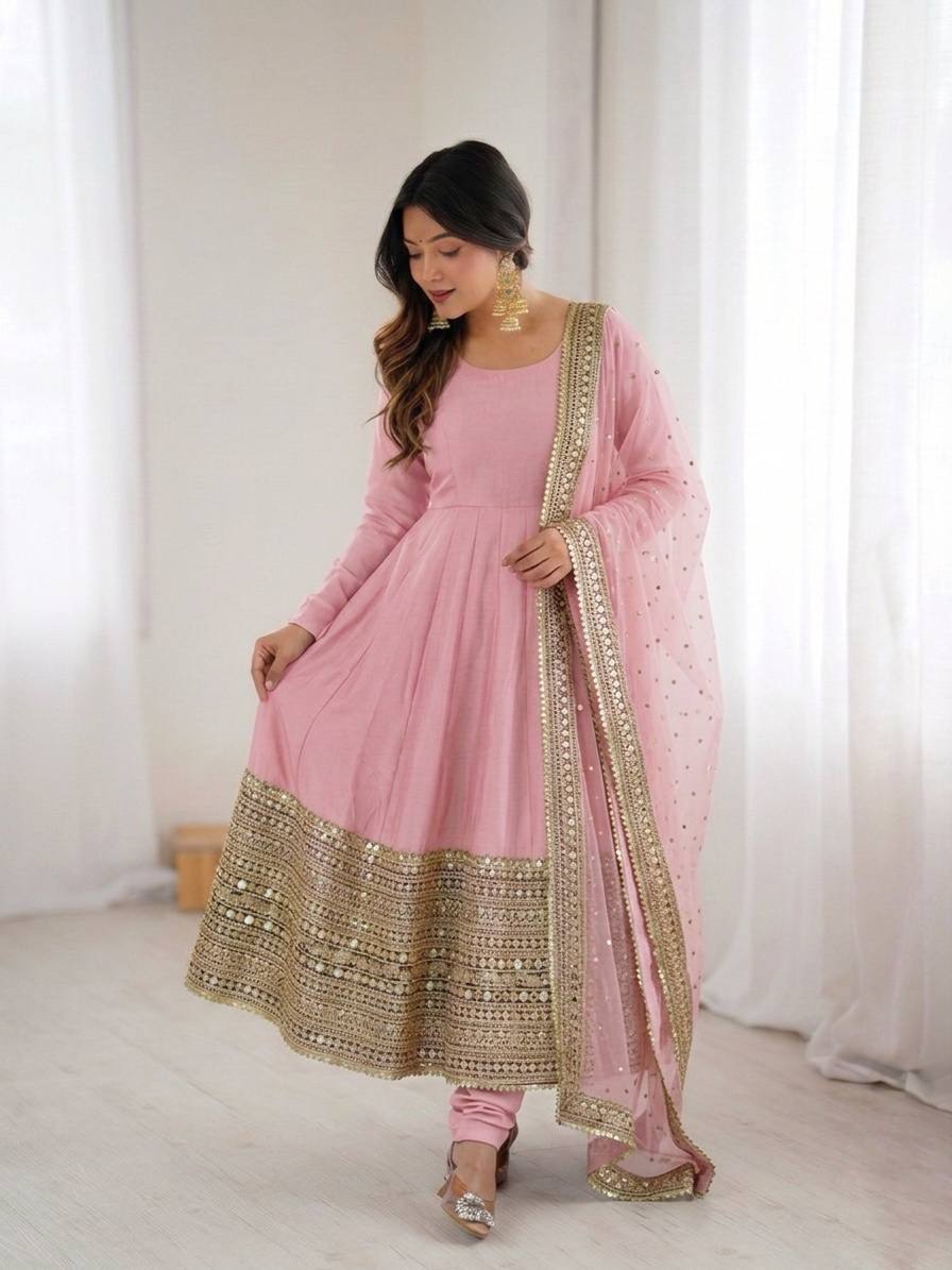 Blossom Pink Crape Silk Anarkali Set with Heavy Gota Patti Border