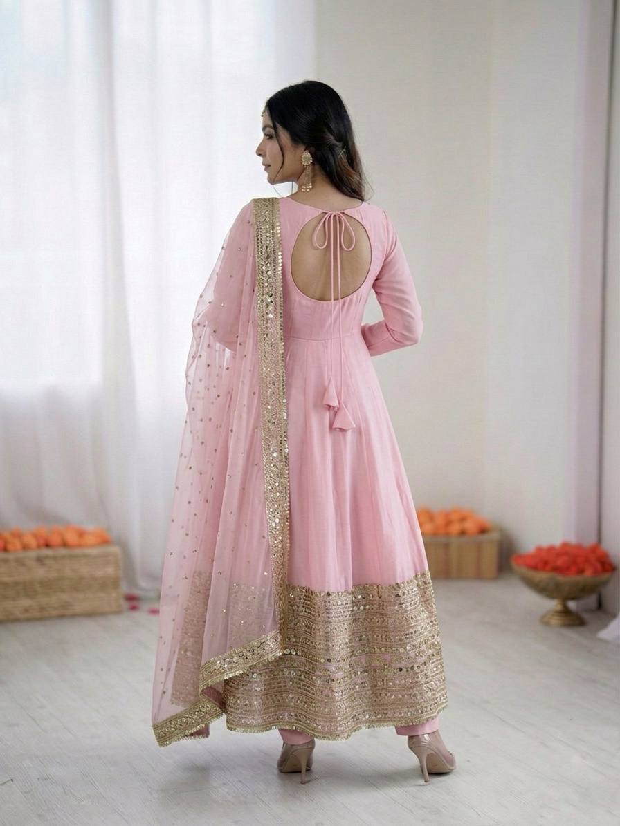Blossom Pink Crape Silk Anarkali Set with Heavy Gota Patti Border