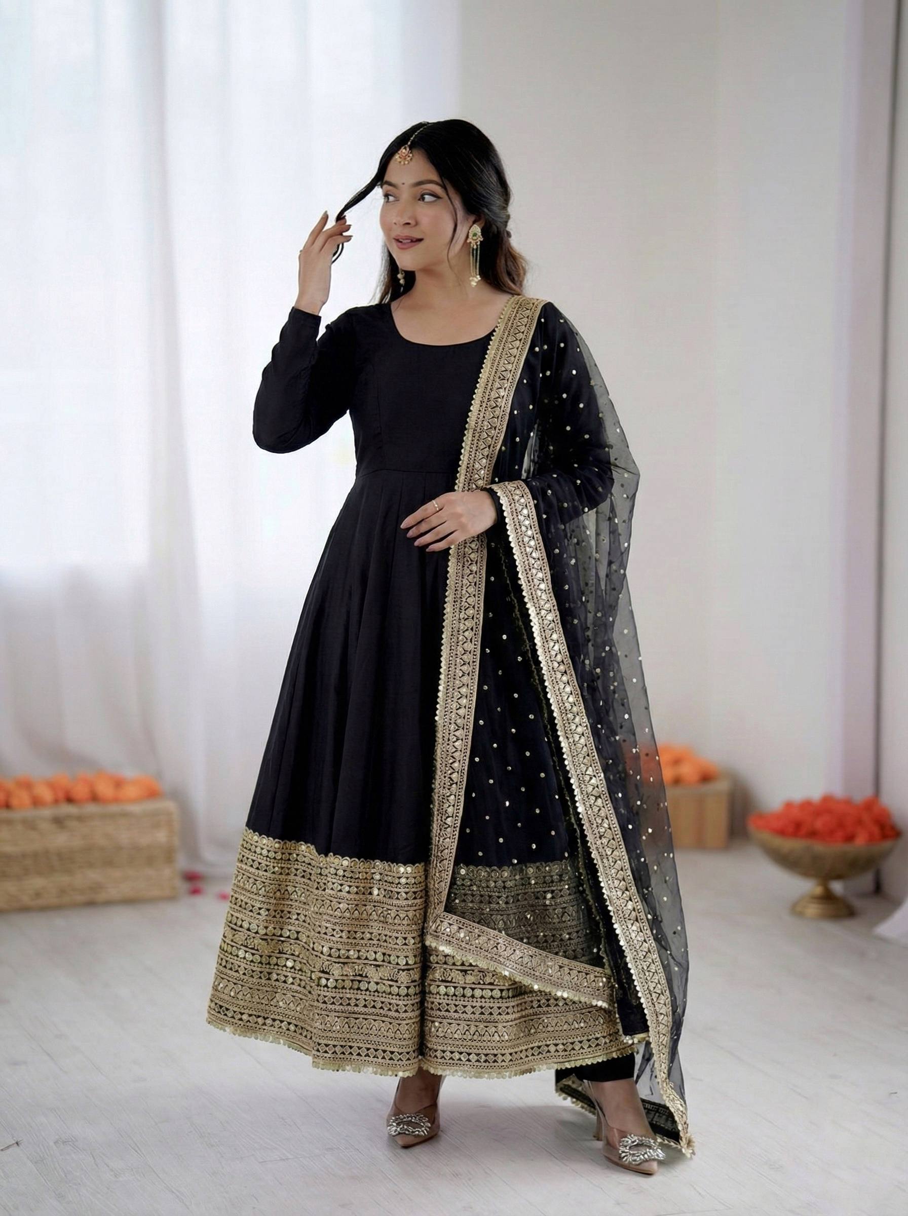 Midnight Black Crape Silk Anarkali Set with Grand Gold Gota Patti Border