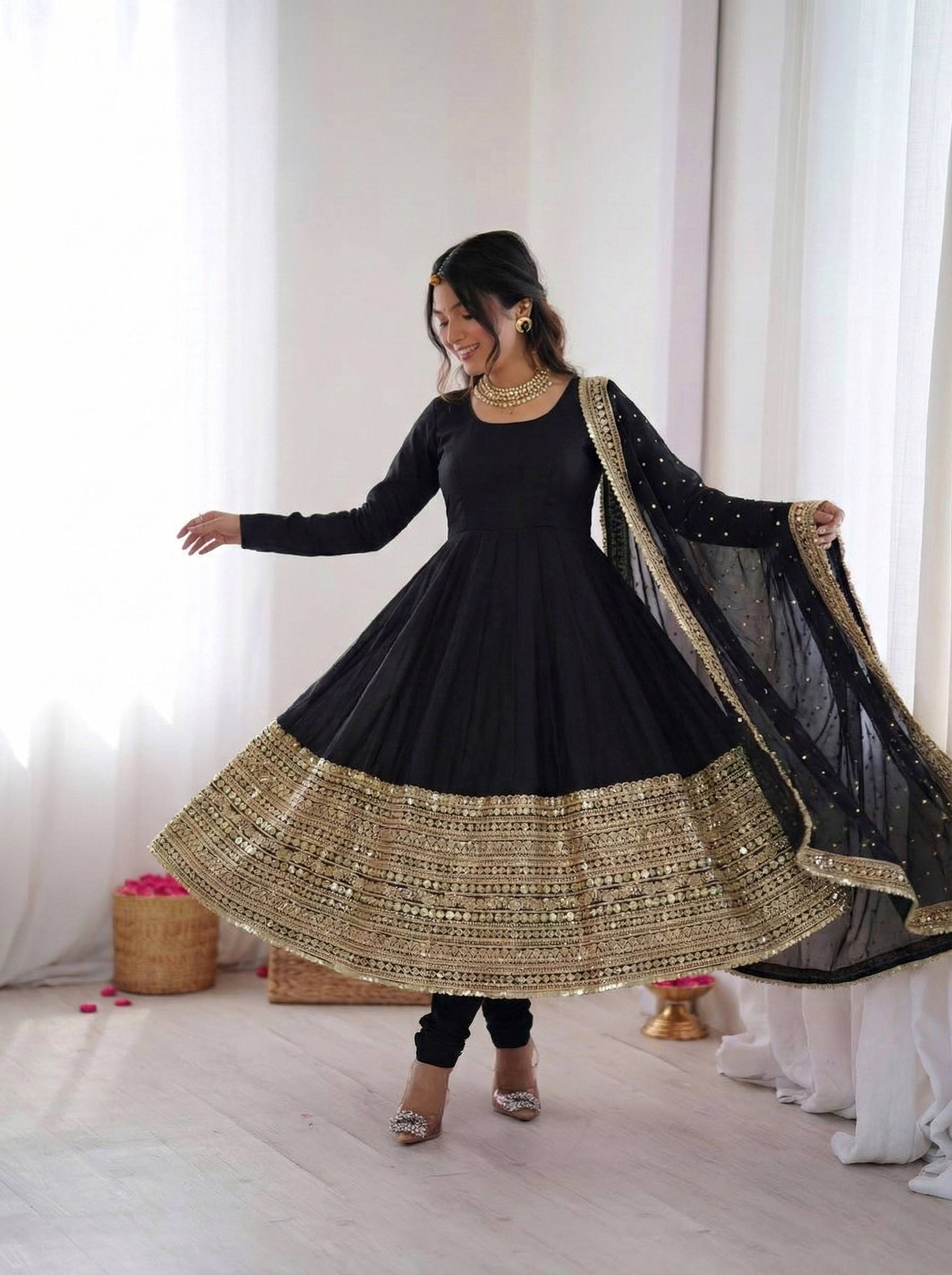 Midnight Black Crape Silk Anarkali Set with Grand Gold Gota Patti Border