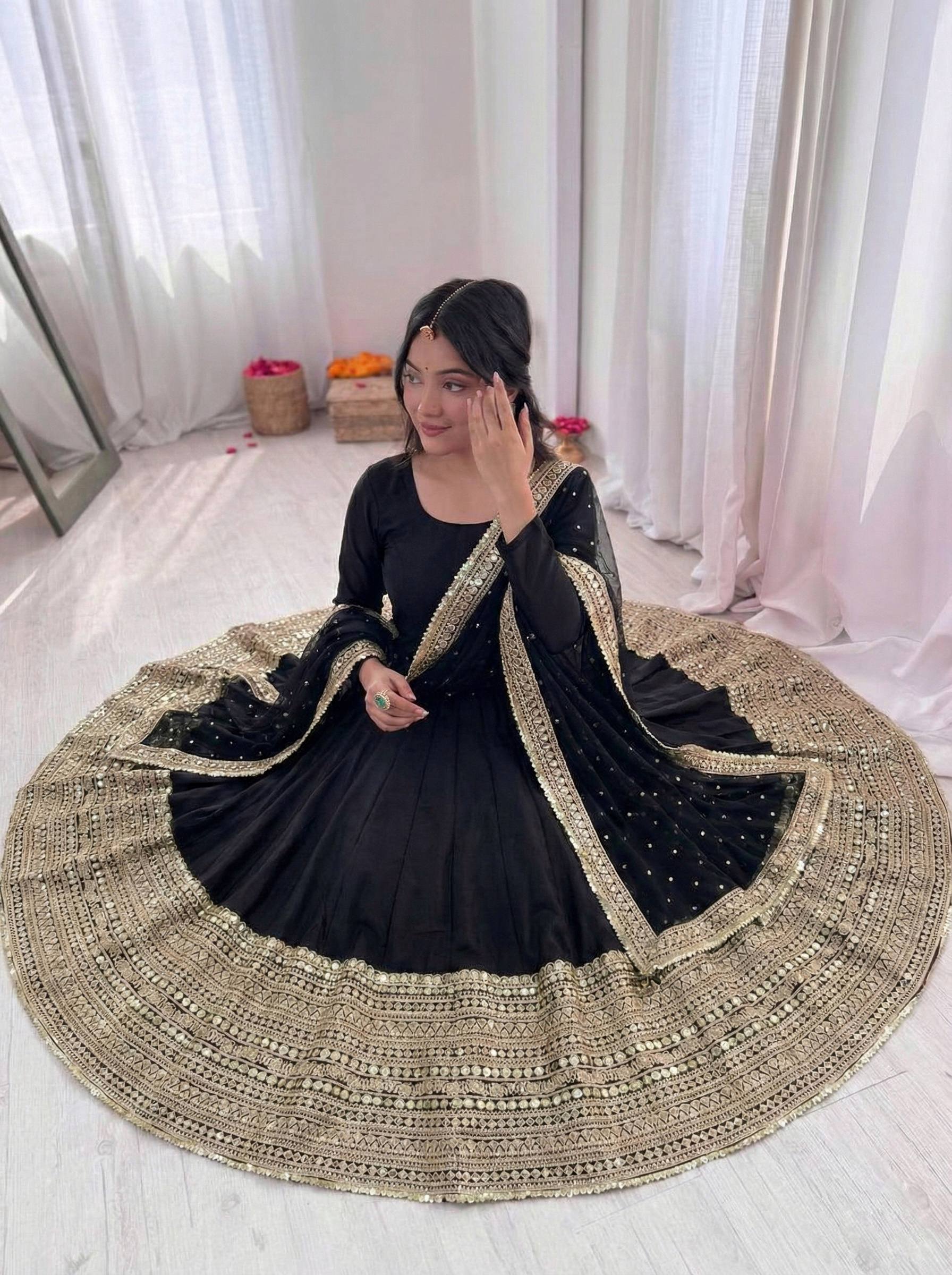 Midnight Black Crape Silk Anarkali Set with Grand Gold Gota Patti Border