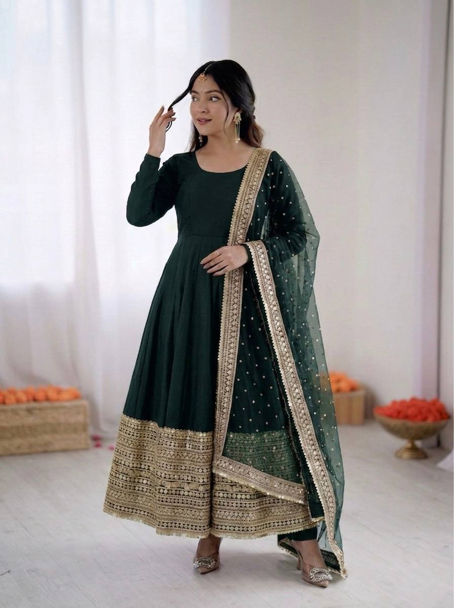 Emerald Green Crape Silk Anarkali Set with Grand Gold Gota Patti Border