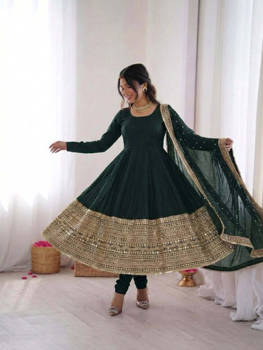 Emerald Green Crape Silk Anarkali Set with Grand Gold Gota Patti Border