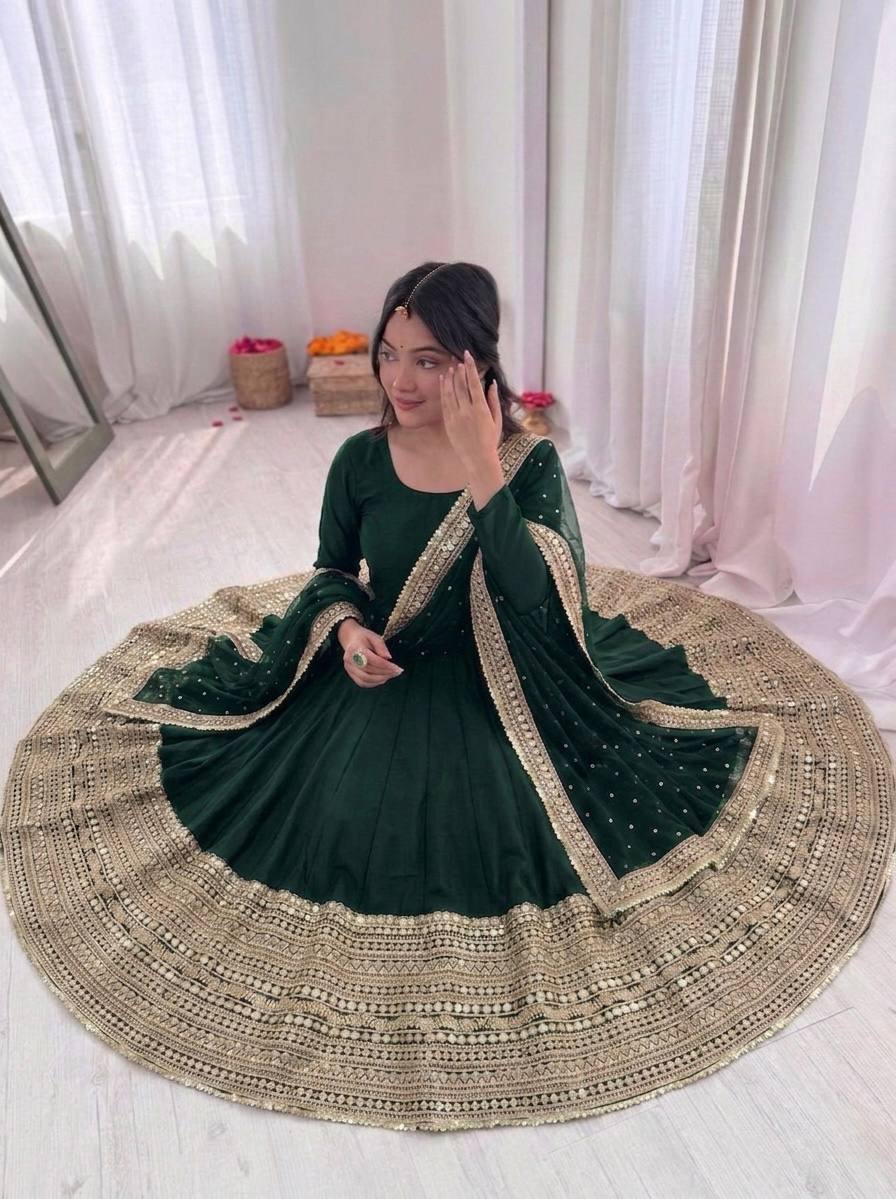 Emerald Green Crape Silk Anarkali Set with Grand Gold Gota Patti Border