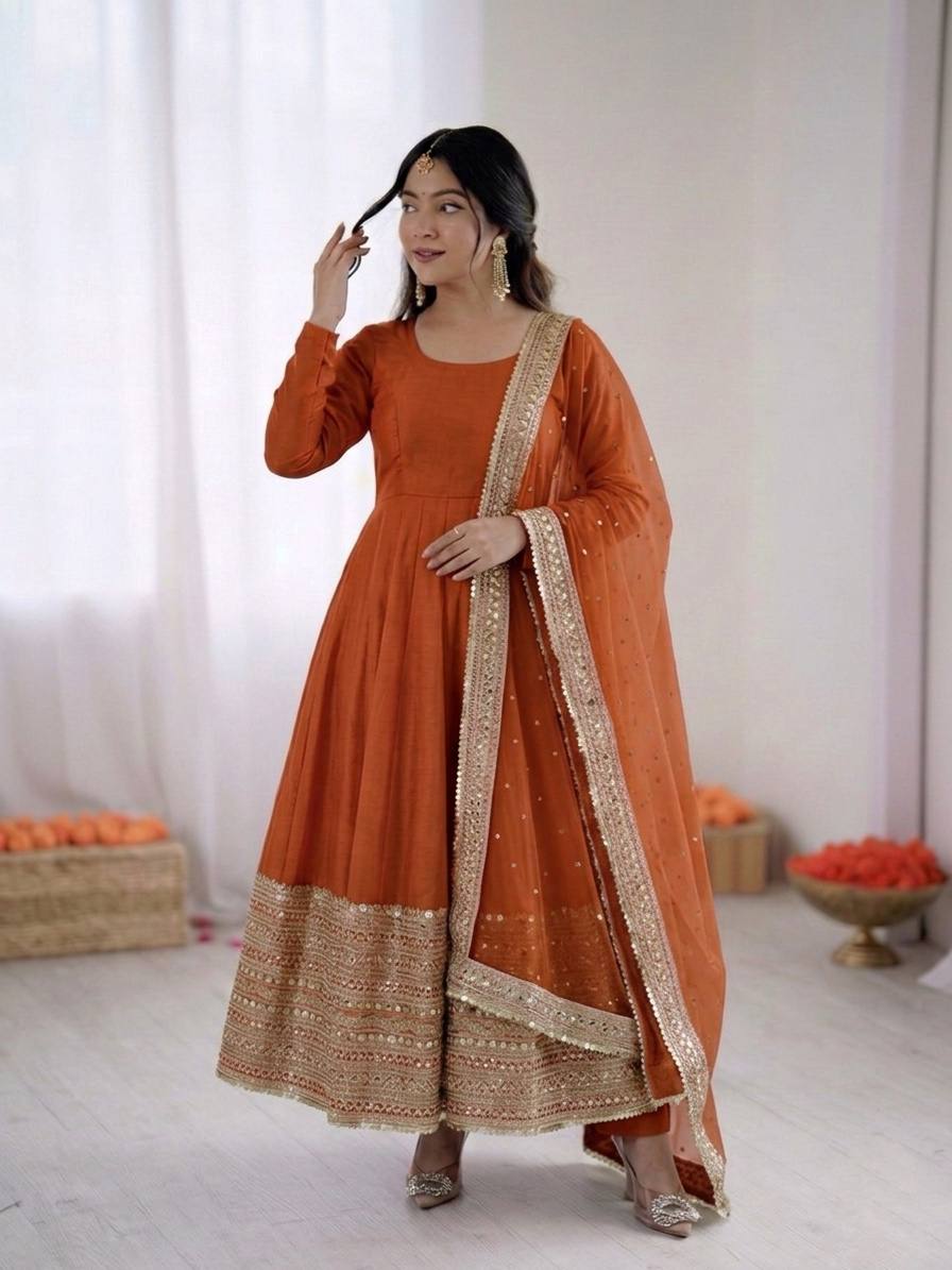 Luxury Rust Orange Crape Silk Anarkali Set with Grand Gold Gota Patti Border