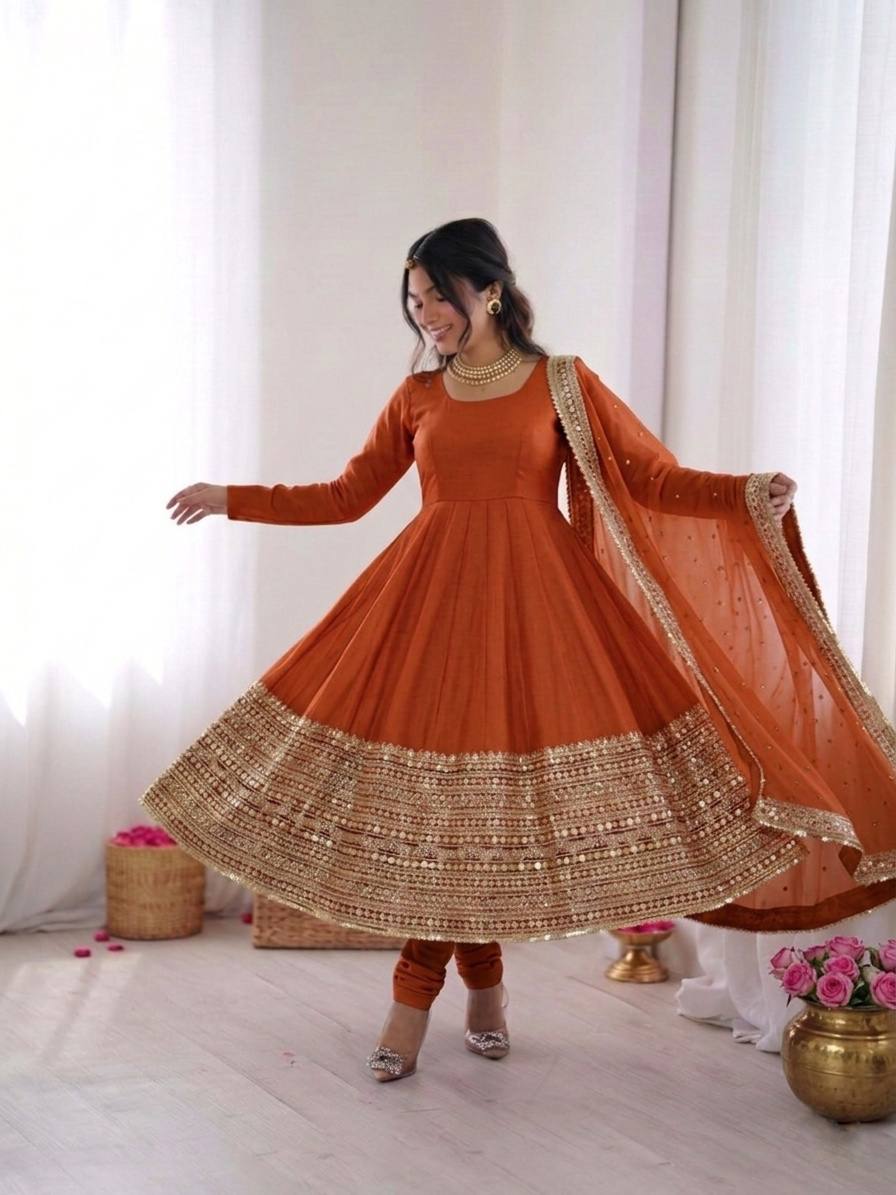 Luxury Rust Orange Crape Silk Anarkali Set with Grand Gold Gota Patti Border