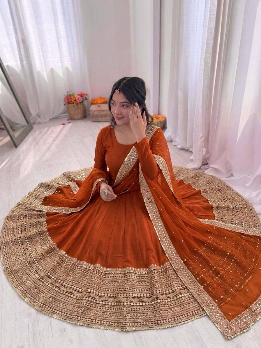 Luxury Rust Orange Crape Silk Anarkali Set with Grand Gold Gota Patti Border