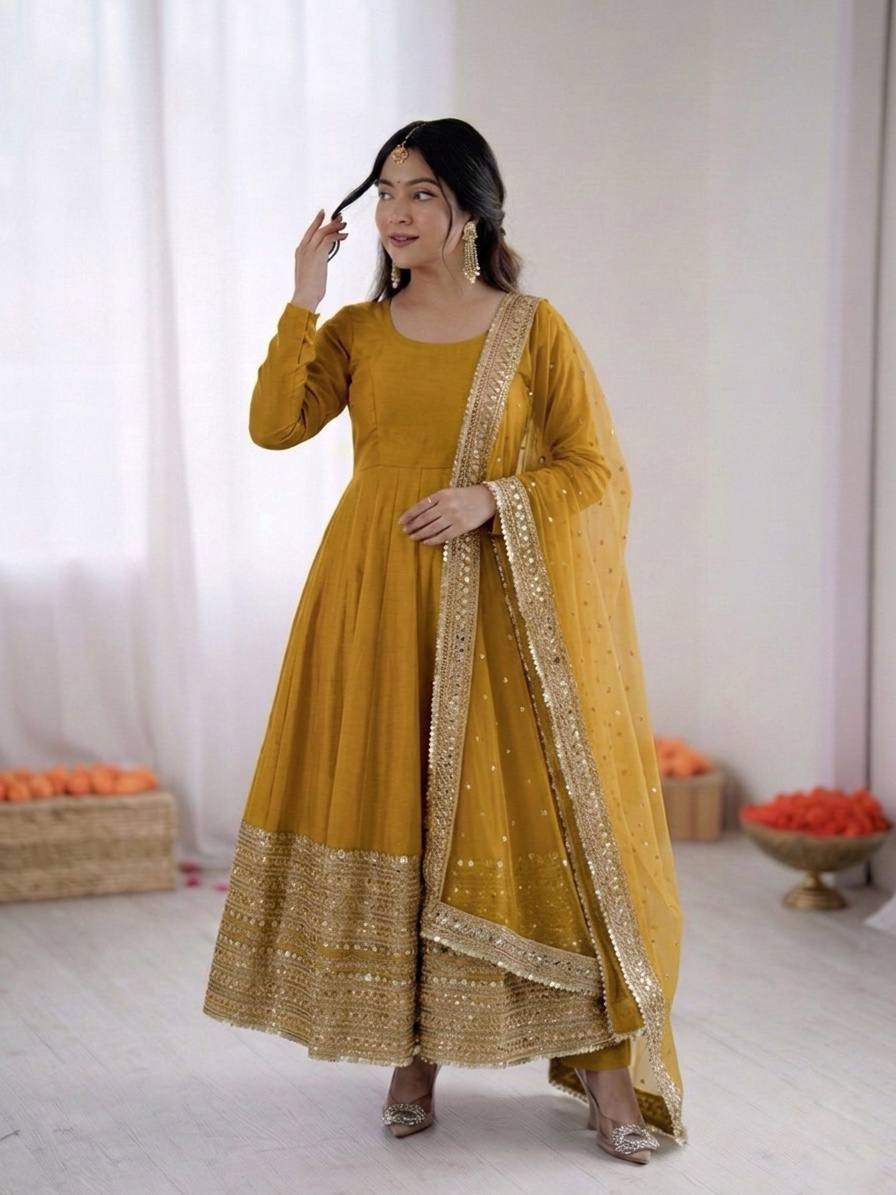 Luxury Mustard Yellow Crape Silk Anarkali Set with Grand Gold Gota Patti Border