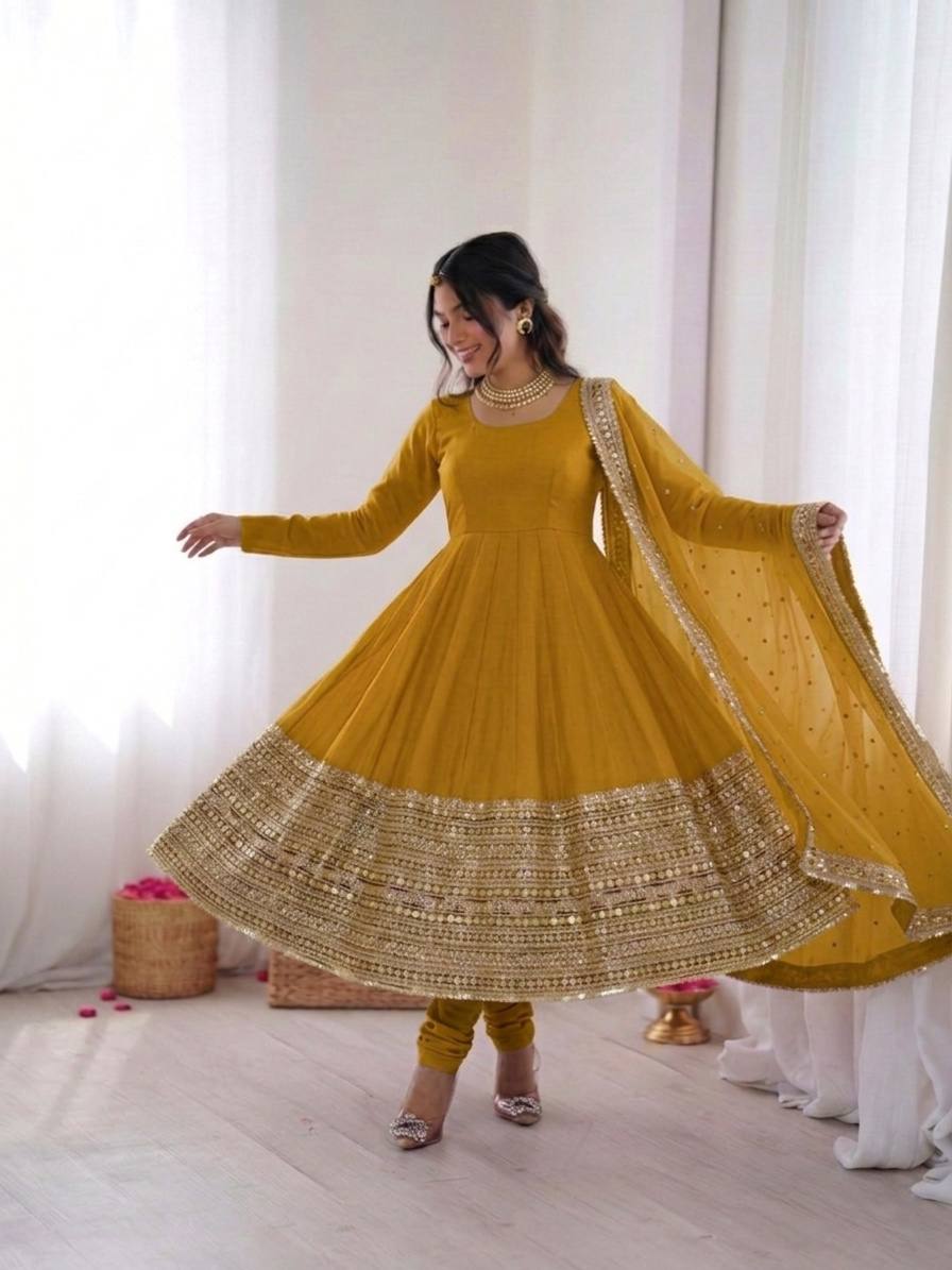 Luxury Mustard Yellow Crape Silk Anarkali Set with Grand Gold Gota Patti Border