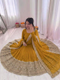 Luxury Mustard Yellow Crape Silk Anarkali Set with Grand Gold Gota Patti Border